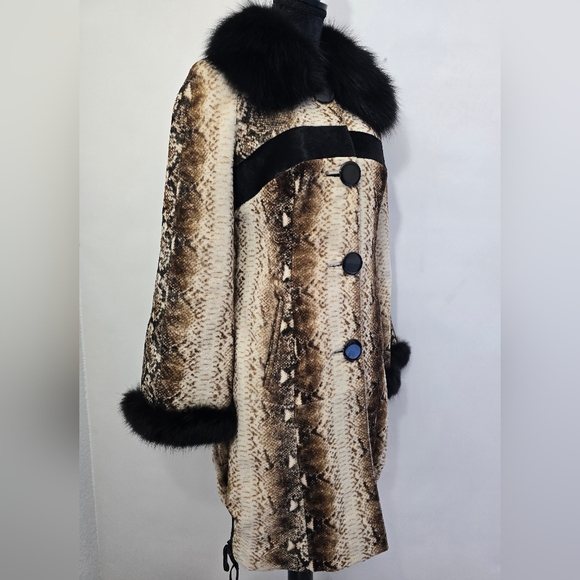 Genuine Kangaroo Suede Leather Coat Fox Fur Collar Snake Print Women Size 42 - Picture 2 of 15